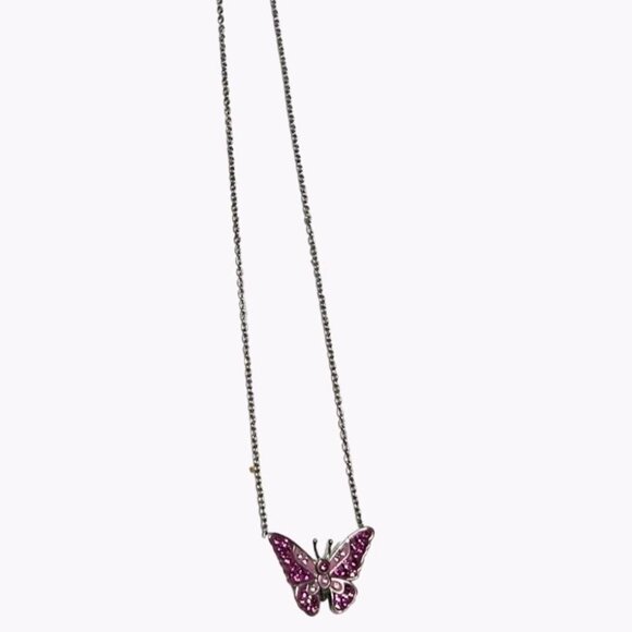 Elegant Pink Gem Butterfly Pendant Necklace Silver Tone Chain Fashion Jewelry - Picture 2 of 7